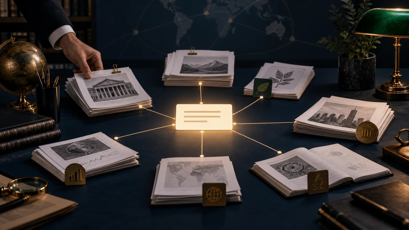 Composición editorial con documentos fuente, enlaces verificados y una ruta de búsqueda que converge hacia una respuesta de IA.