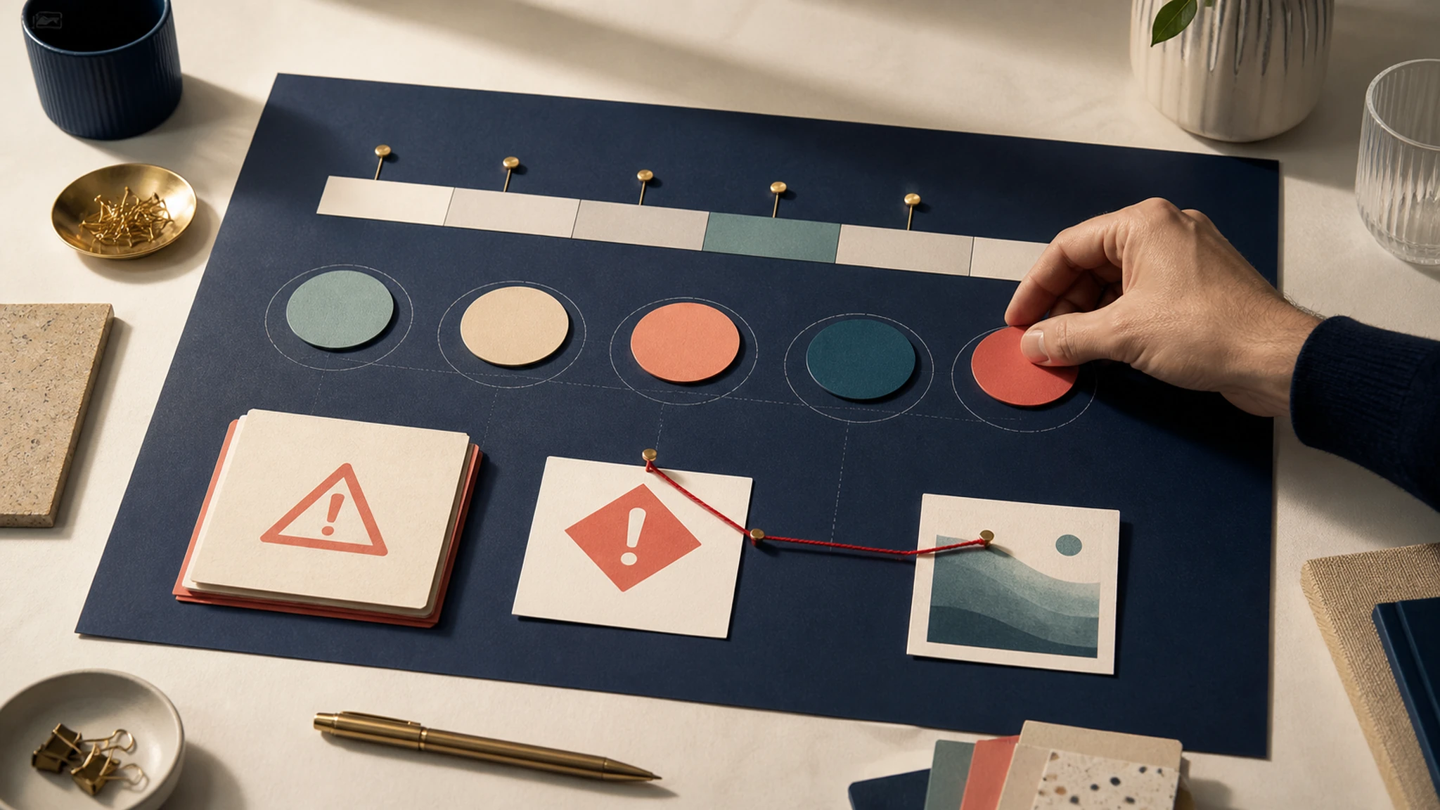 Tablero físico de seguimiento semanal con indicadores de color, alertas conectadas y una mano revisando una incidencia de visibilidad en IA