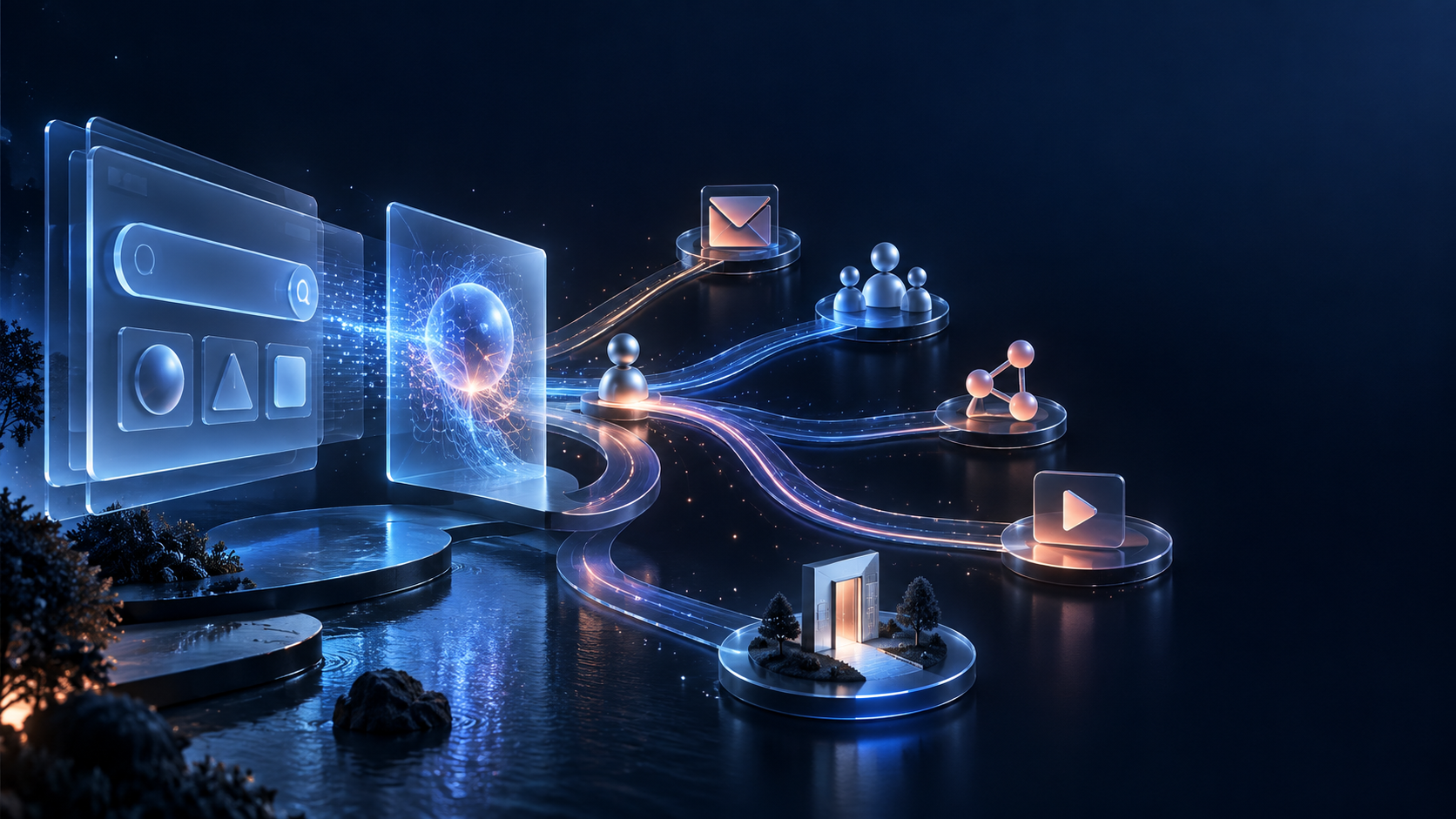 Rutas digitales que se diversifican desde una interfaz de búsqueda con inteligencia artificial