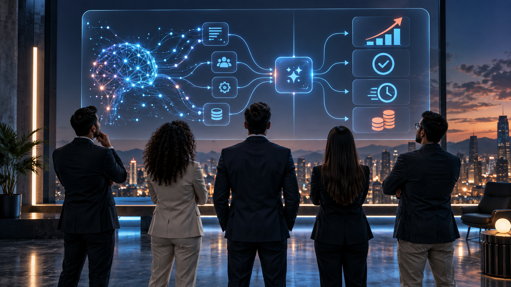 Equipo de negocio observa un panel de analítica que conecta uso de IA con resultados de valor empresarial.