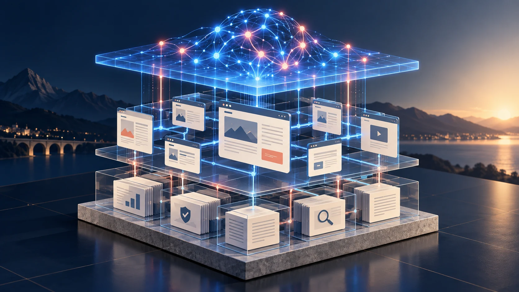 Base de páginas web, evidencia y enlaces internos sosteniendo una capa de ranking con inteligencia artificial.