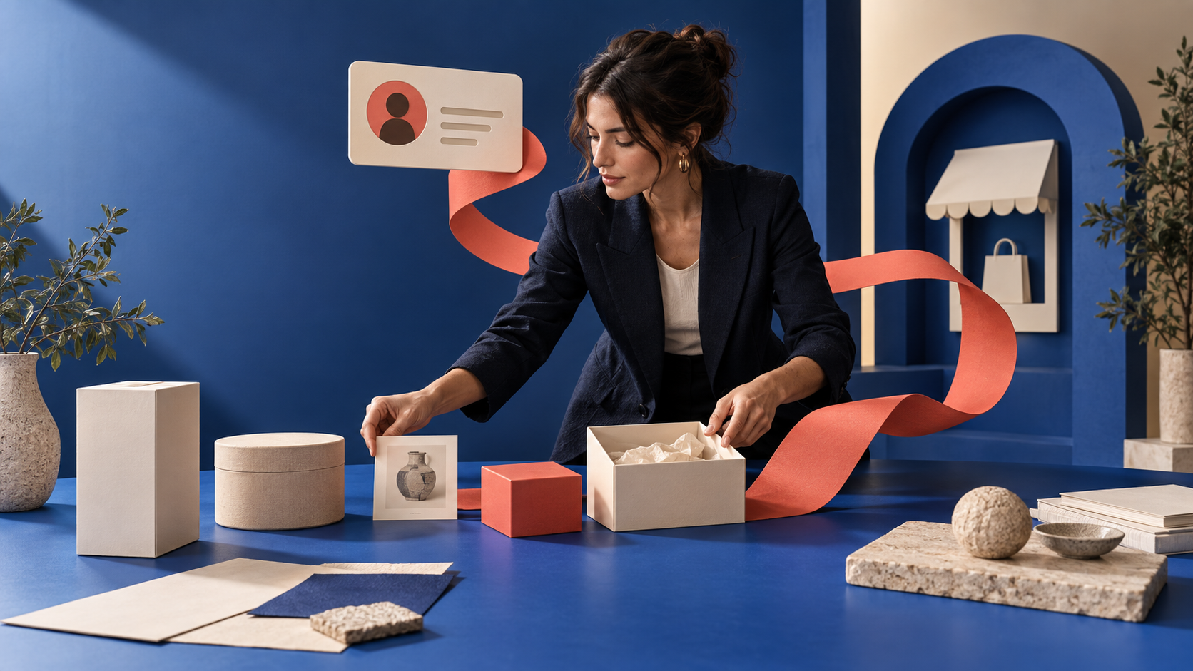 Directora creativa organiza empaques sobre una mesa azul junto a una cinta coral que conecta CRM y ecommerce.