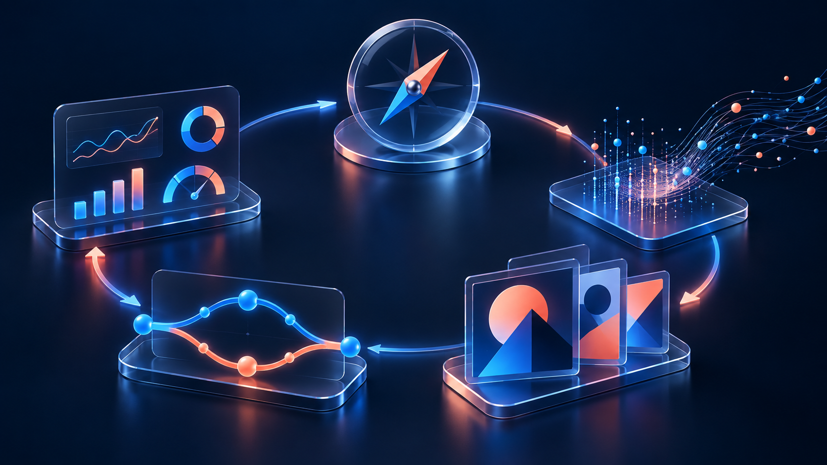 Sistema visual que conecta estrategia, datos, creatividad, pruebas y medición para publicidad con IA