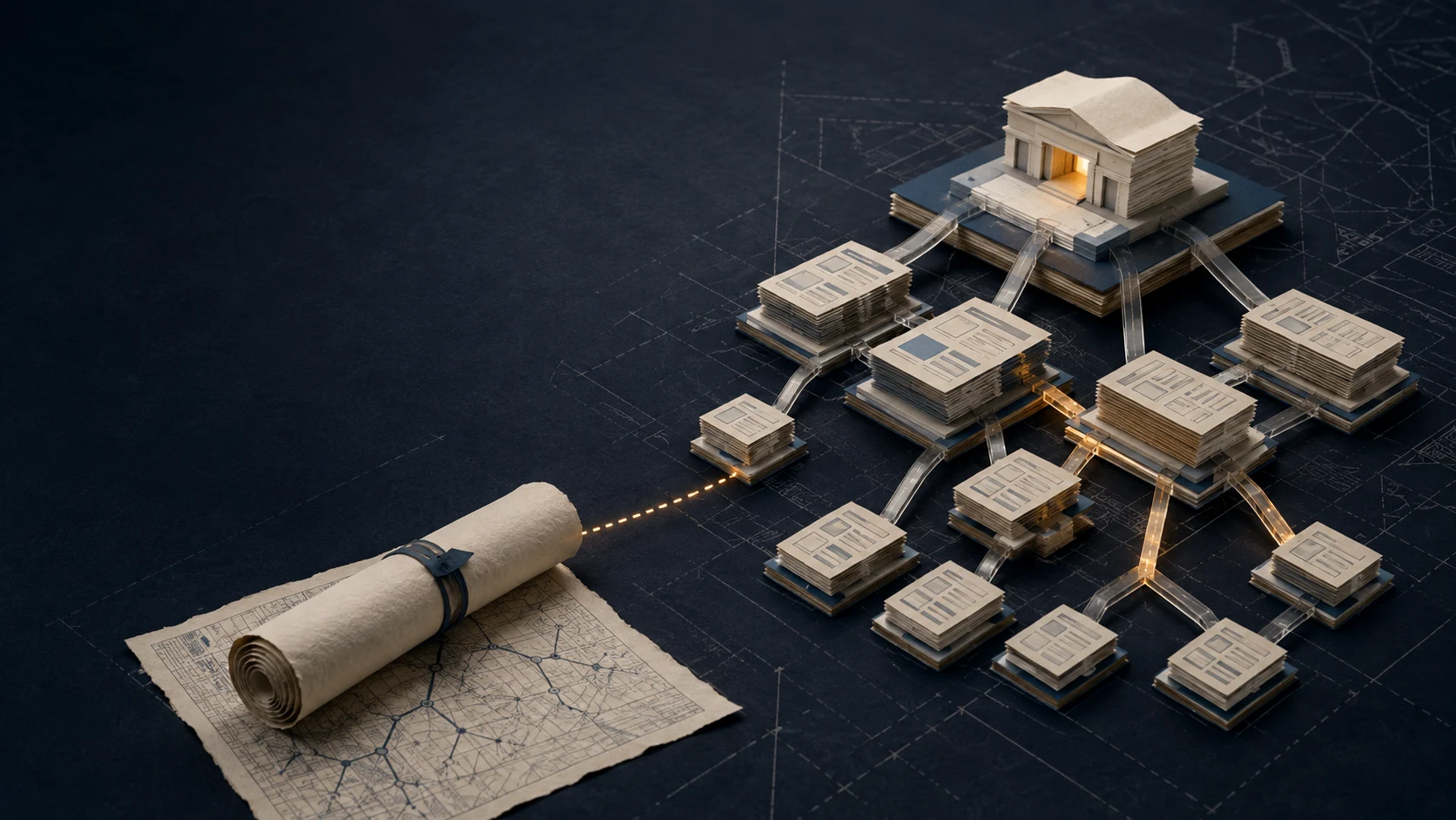 Mapa junto a una arquitectura de páginas conectadas como metáfora de sitemap, enlaces internos e indexación