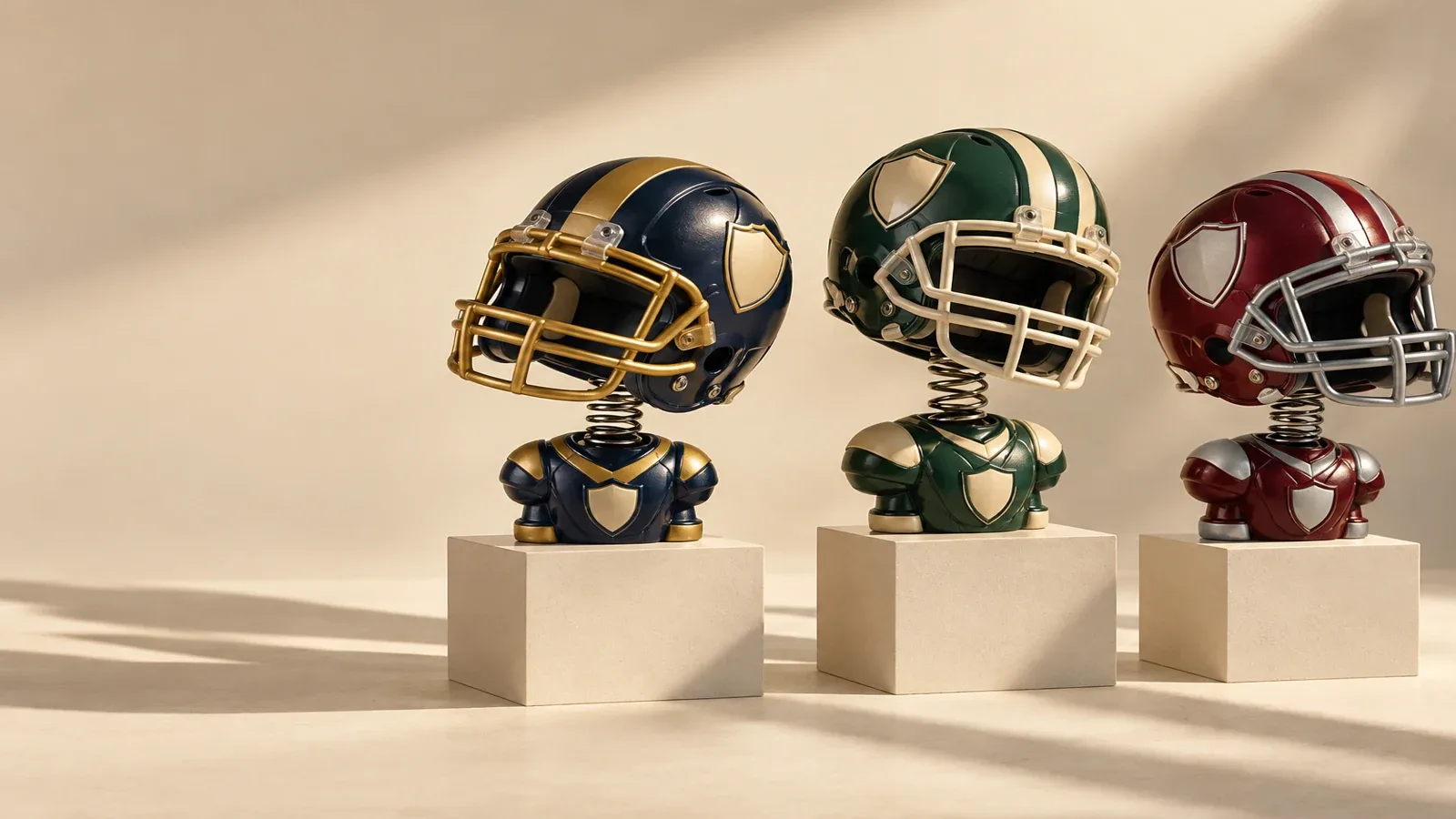 Tres cascos deportivos estilizados como figuras bobblehead sobre pedestales, con colores genéricos y sin logotipos de equipos.