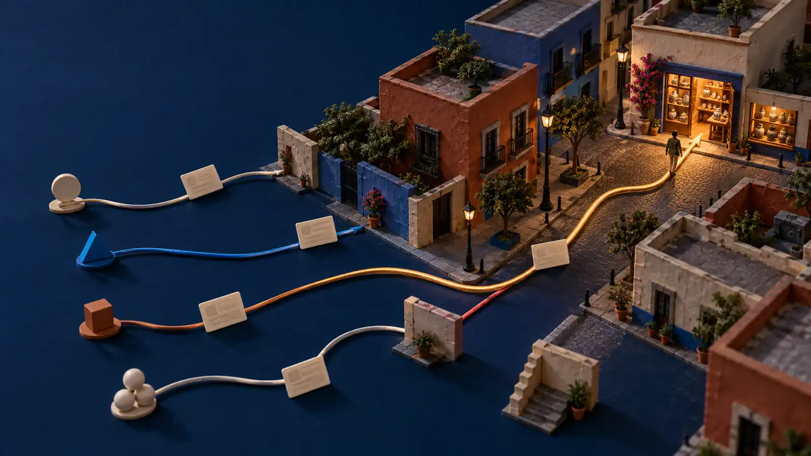 Maqueta urbana con varias rutas de búsqueda que convergen hacia un negocio, metáfora de priorizar el SEO según objetivos comerciales.