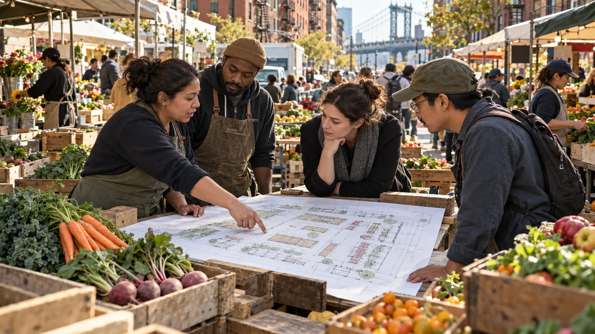 Vendedora y especialistas revisan el plano de un mercado público entre puestos de productos frescos.