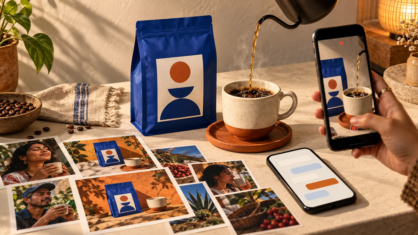 Bolsa de café artesanal en un set de grabación vertical con teléfono, piezas visuales de campaña y una interfaz de conversación sin texto legible